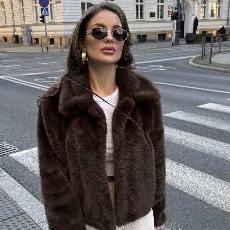 Women's Fashion Casual Imitation Fur Effect Lapel Soft Plush Texture Coats