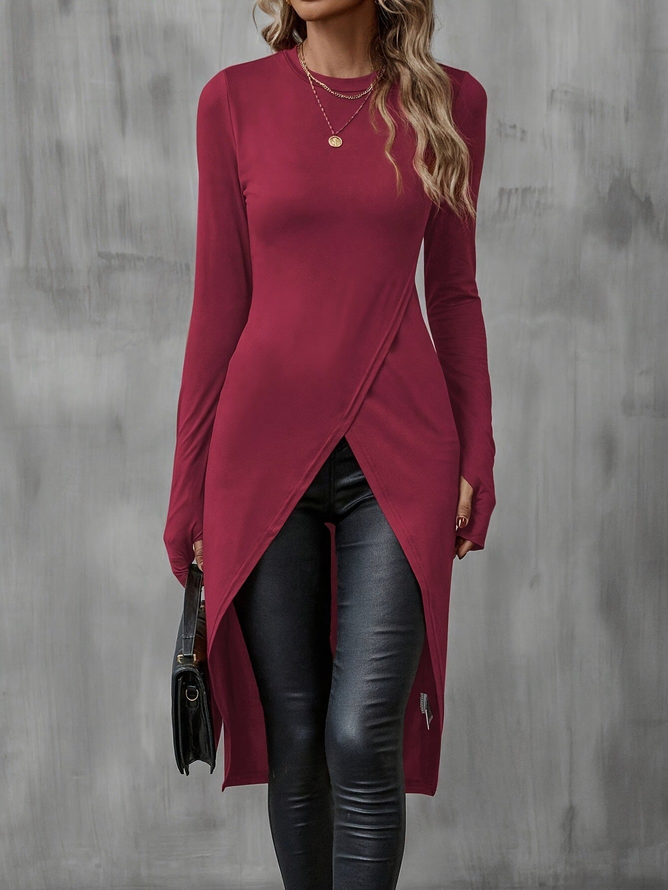 Simplicity Solid Color Long Sleeve Split Mid-length Dress
