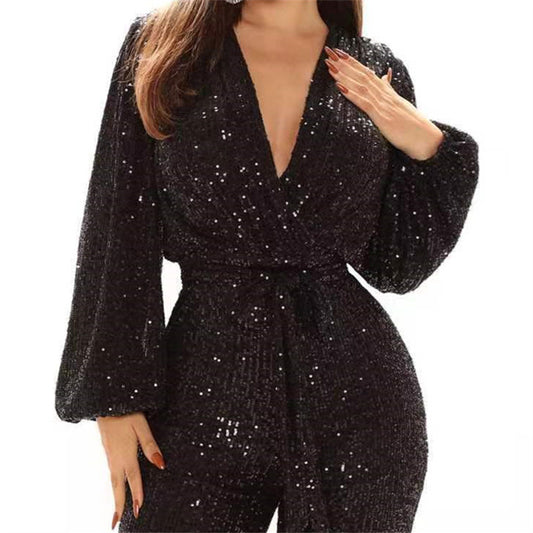 Women's Elegant Sequins One-piece Trousers Sexy Wide Jumpsuits
