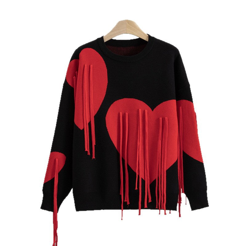 Women's Soft Round Neck Tassel Love Loose Lazy Sweater
