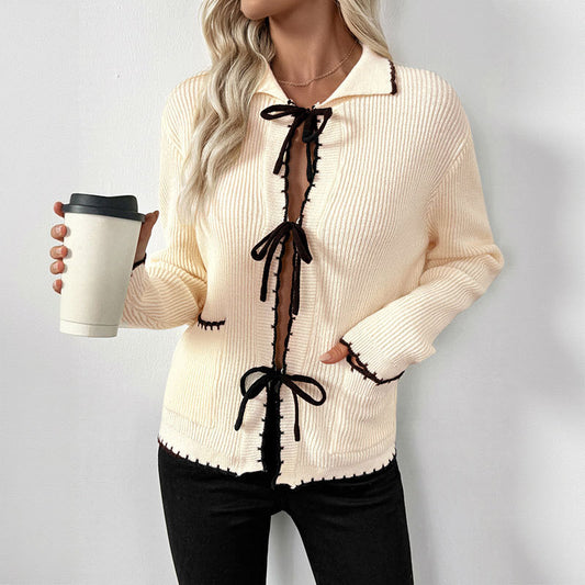Sweet Style Bow Turn-down Collar Trim Sweaters