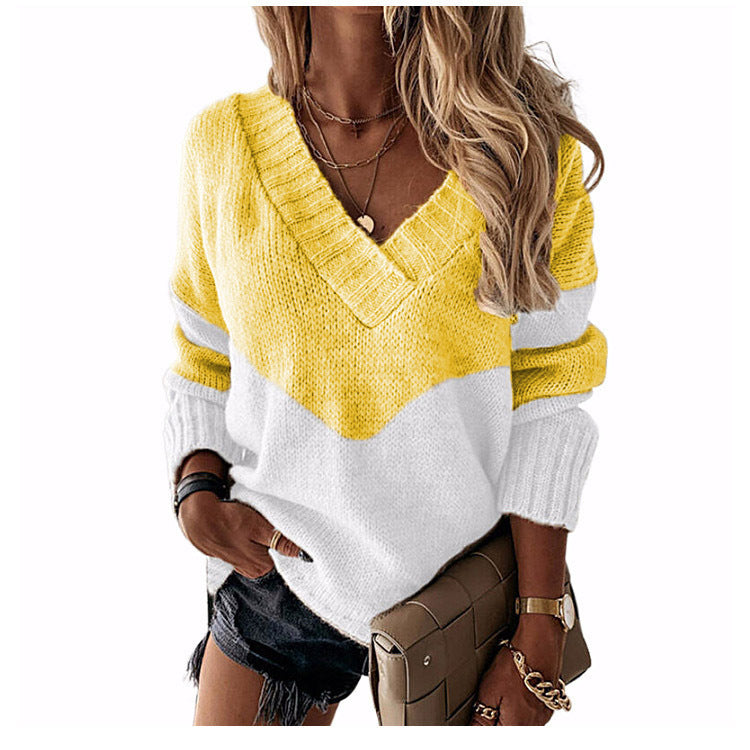 Collar Pullover Color Matching Striped Leopard Tops