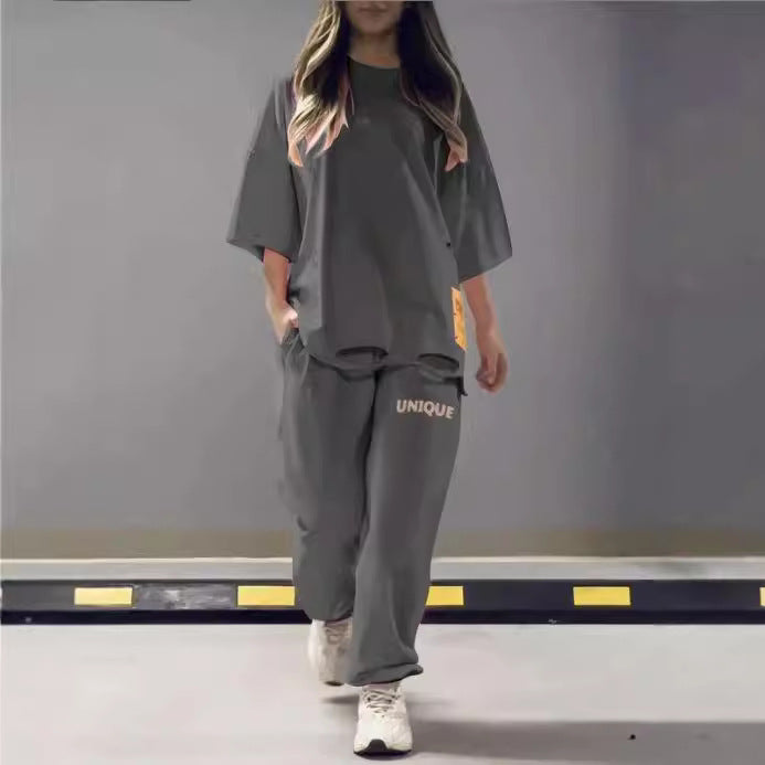 Women's Loose Crew Neck T-shirt Two-piece Set Suits