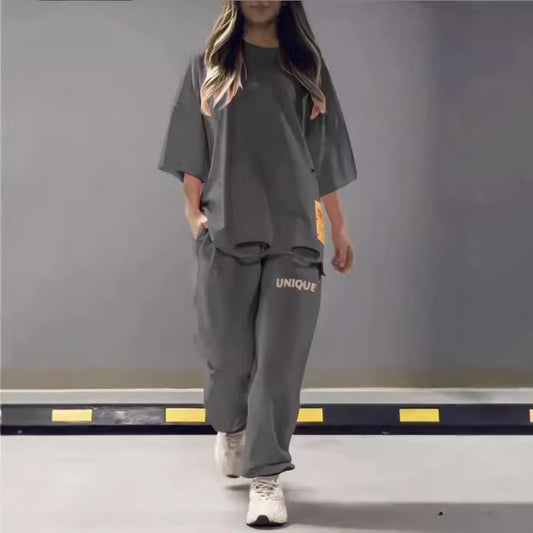 Women's Loose Crew Neck T-shirt Two-piece Set Suits