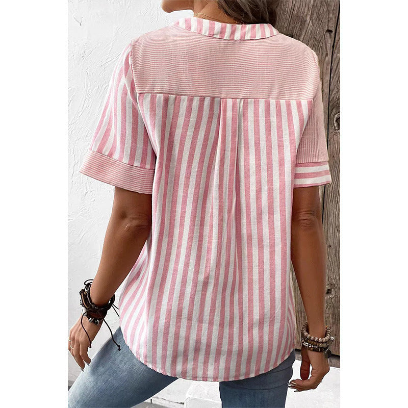 Women's Shirt Asymmetric Striped Stitching Cotton Linen Blouses