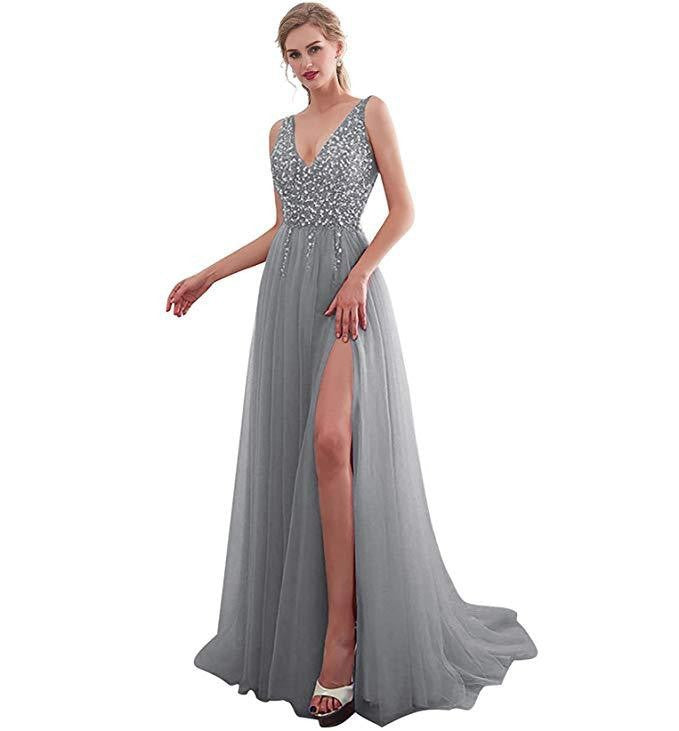 Women's Dress Deep Sleeveless Split Sequined Banquet Dresses