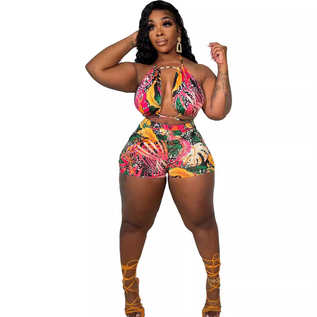 Women's Printed Sleeveless Strap Two-piece Set Fashion Casual Suit