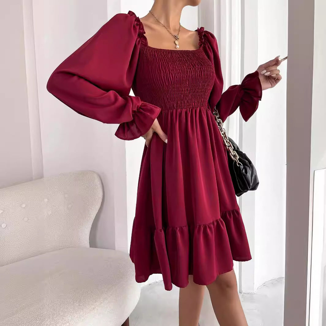 French Simplicity Square Collar Parallel Ruffled Dresses