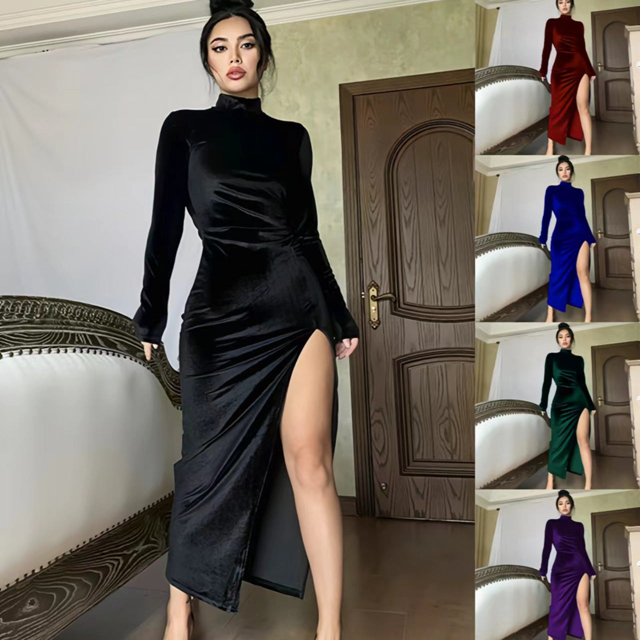 New Women's Turtleneck Long Pleated Split Dress