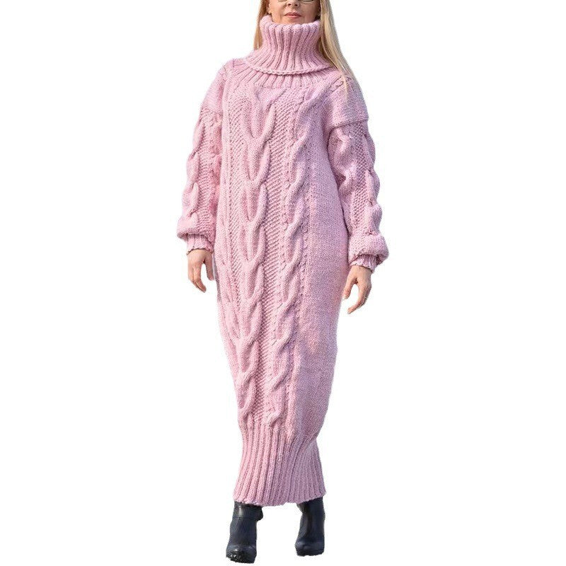 Women's Long High Collar Loose Twist Solid Knitwear