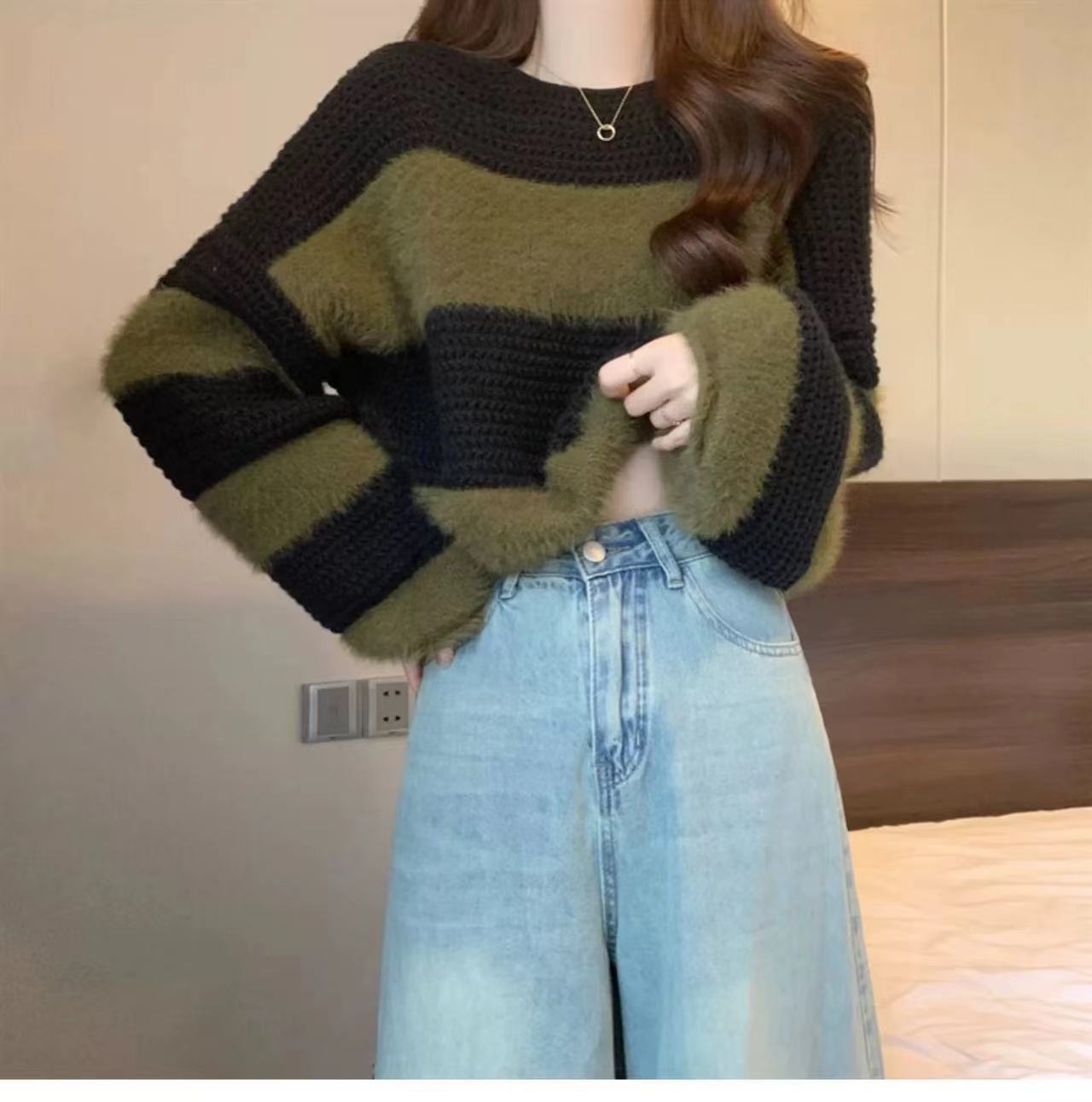 Women's Retro Loose Milk Lazy Striped Long Sleeve Tops