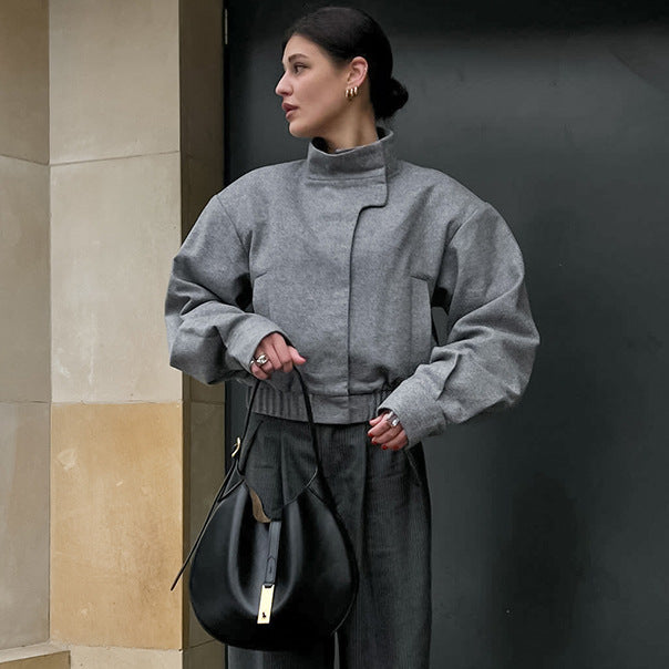 Women's Small Stand Collar Temperamental Loose Woolen Coats