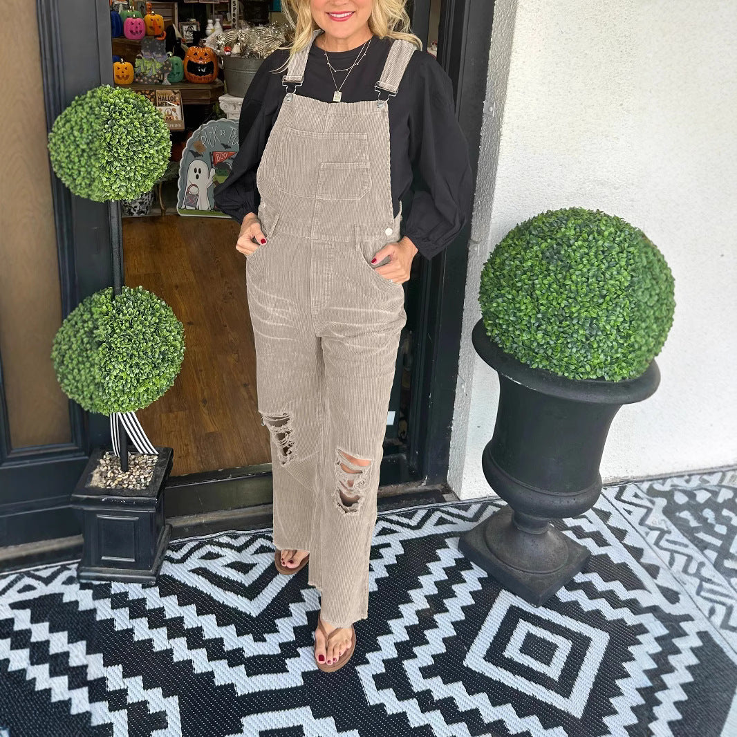 Women's Solid Color Corduroy Button Pocket Ripped Suits