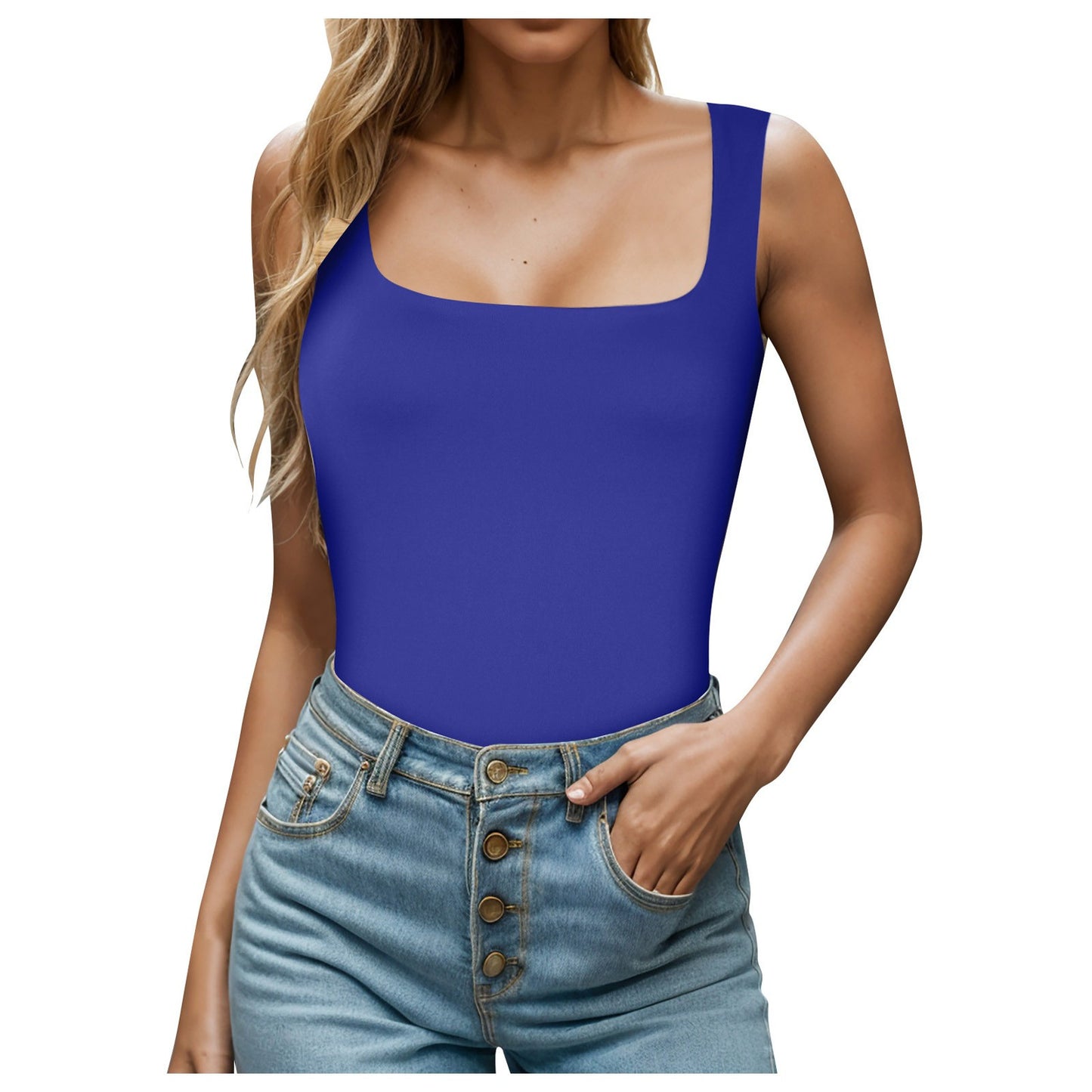 Women's Square Collar Sleeveless Double Layer Basic Blouses