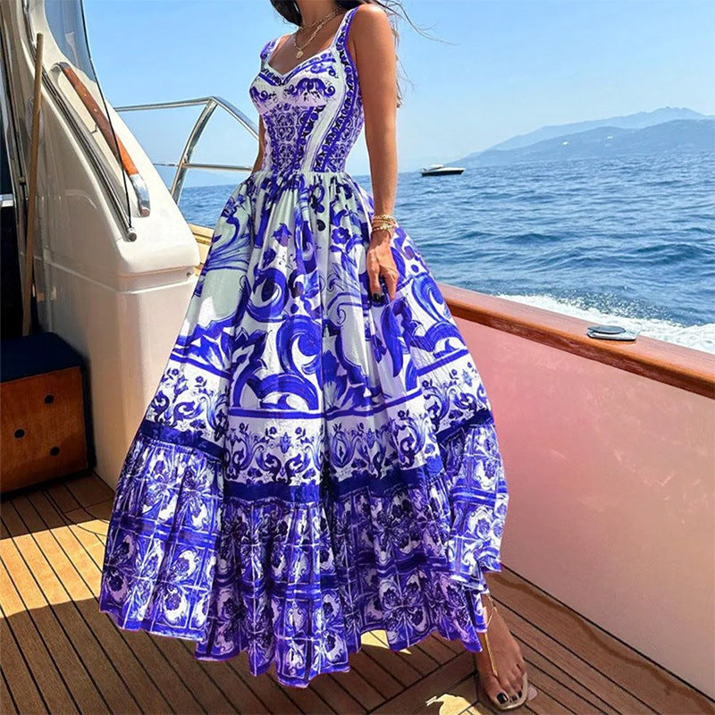 Women's Summer Printed Sleeveless Pleated Waist Tight Mid-length Sling Dress