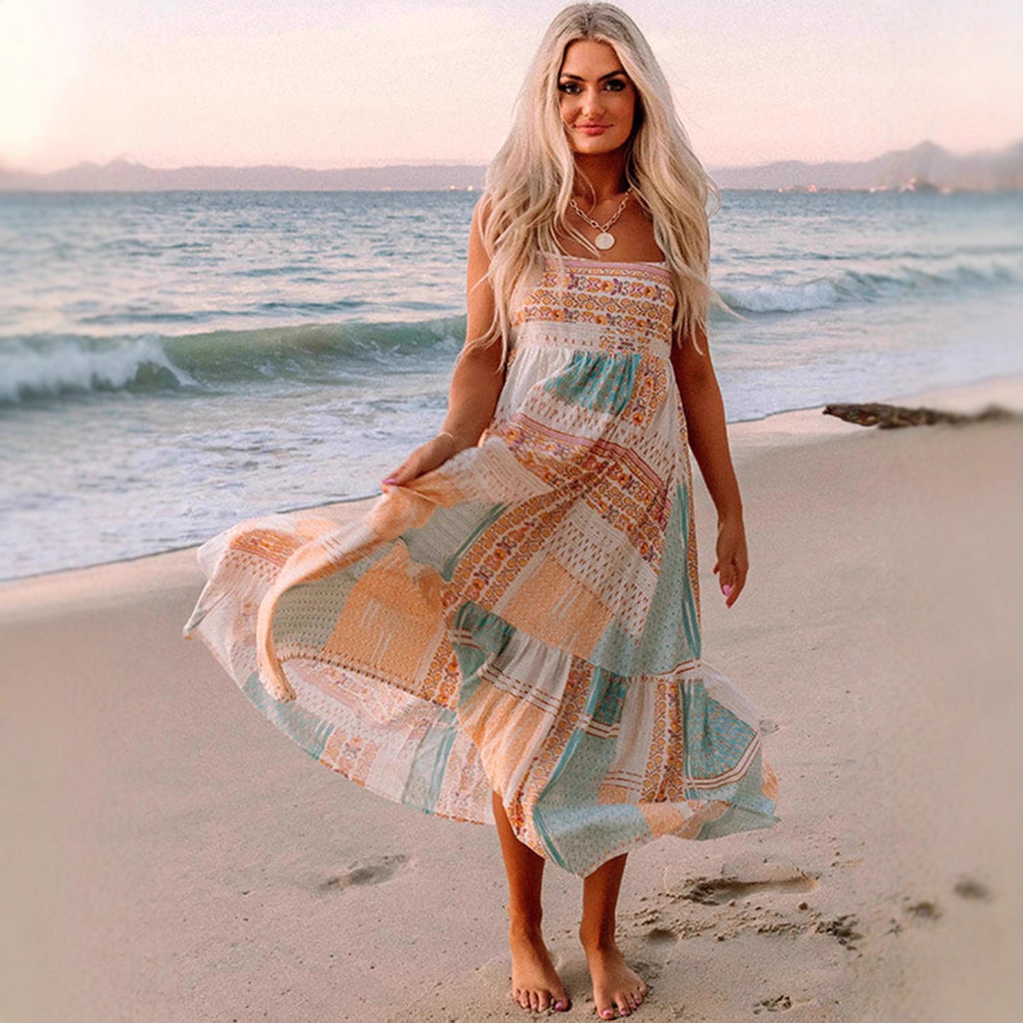 Women's Multicolor Bohemian Printed Square Collar Sling Dress