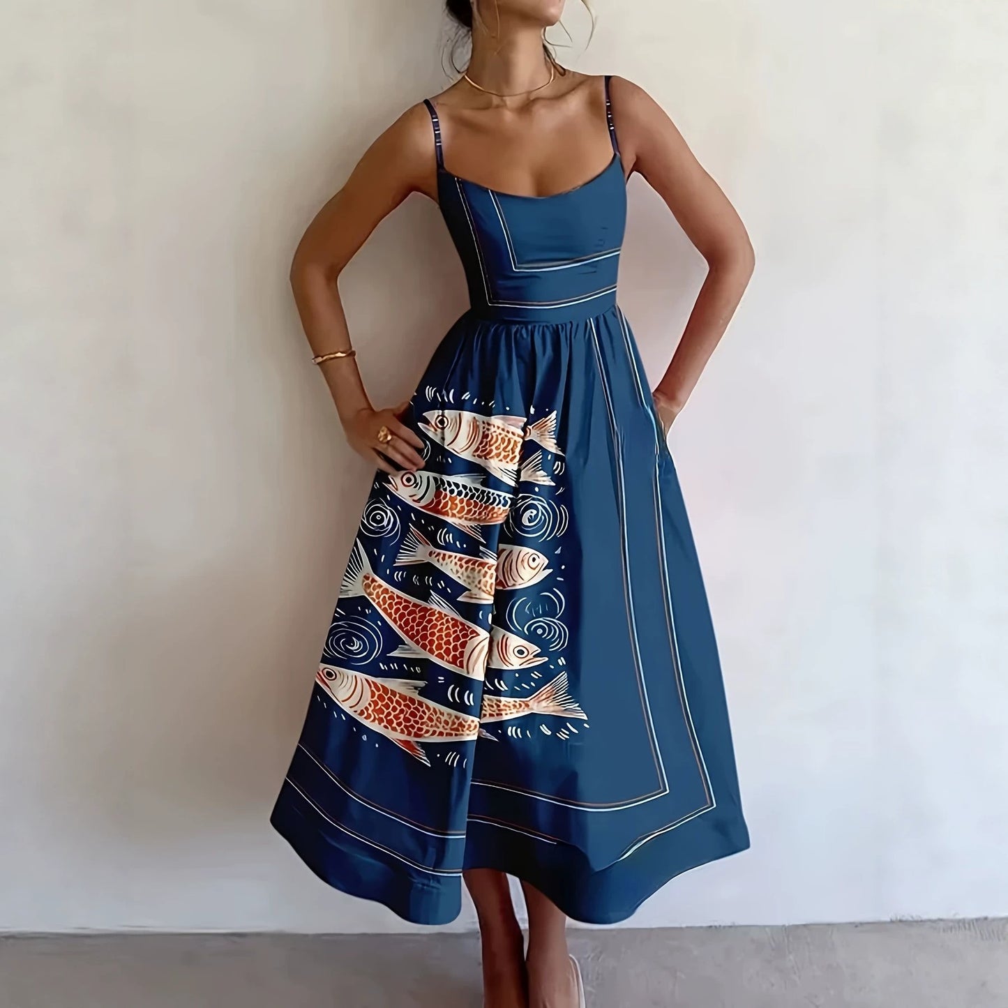 Women's Sense Printed Pleated Suspender Long Vacation Dress