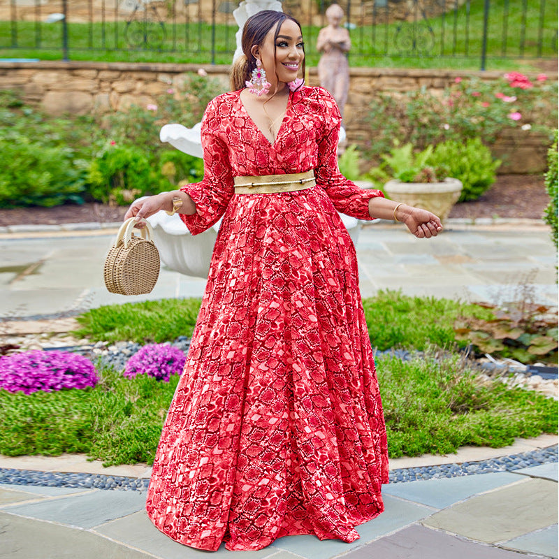 Women's Sexy Big Deep V Print Snake Dresses