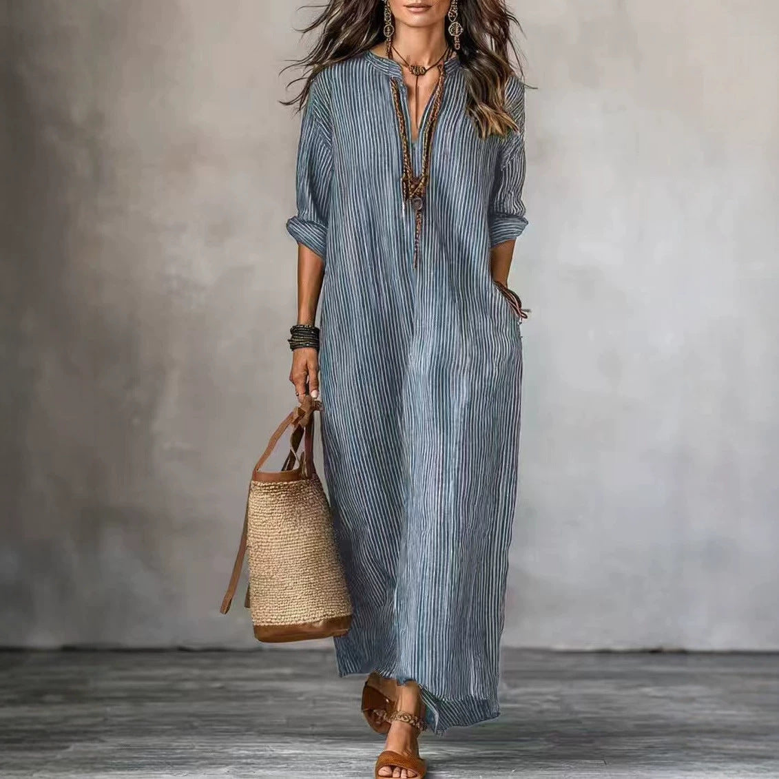 Women's Summer Fashion Sleeve Striped Design Solid Color Dress