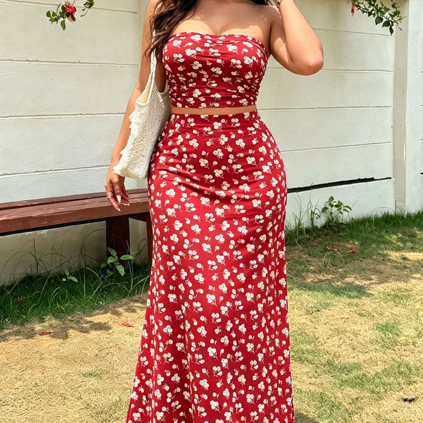 Summer French Style Small Floral Print Tube Vacation Two-piece Dress
