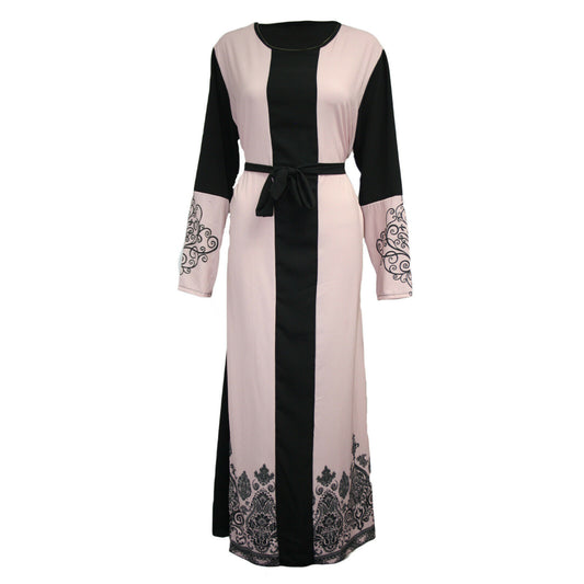 Elegant Printed Long Sleeve Stitching Belt Dress