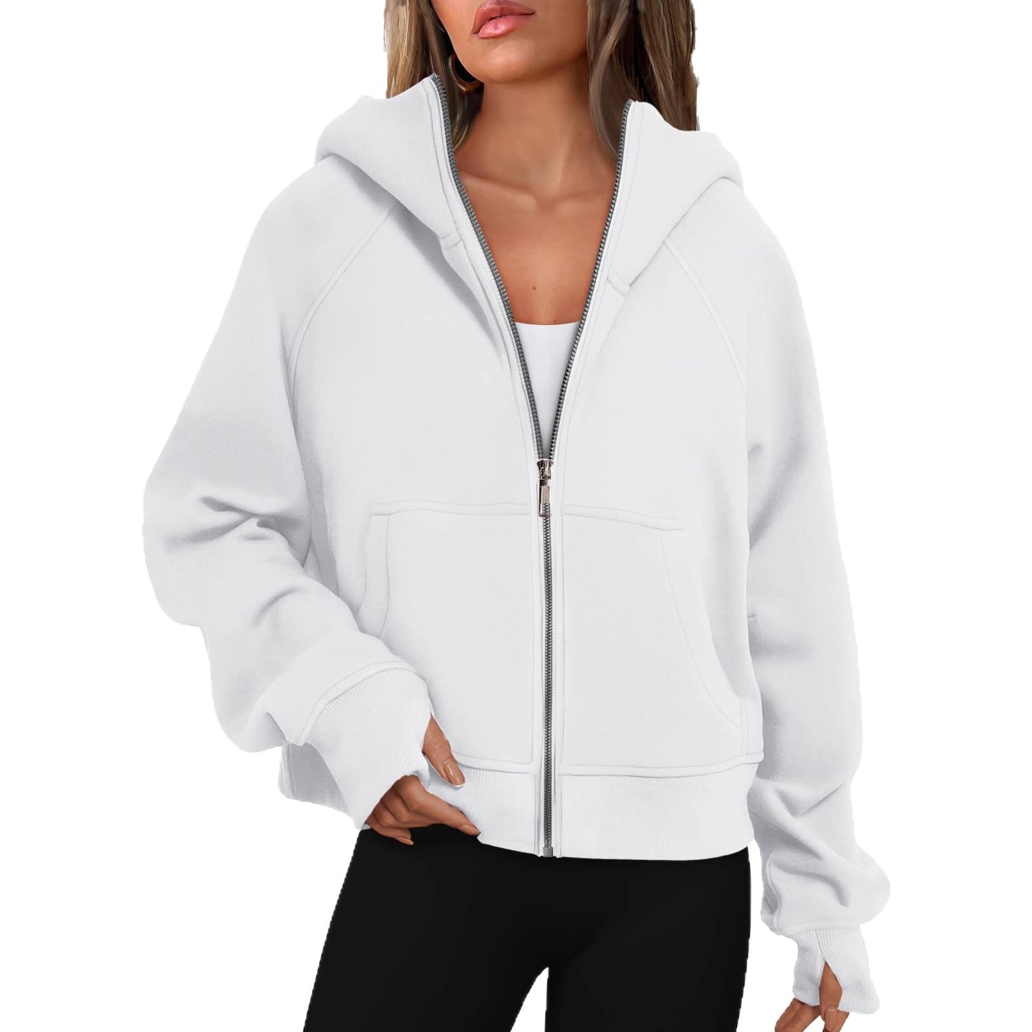 Women's Loose Zip Long Hooded Thumb Hole Brushed Women's Sweater, Sweater