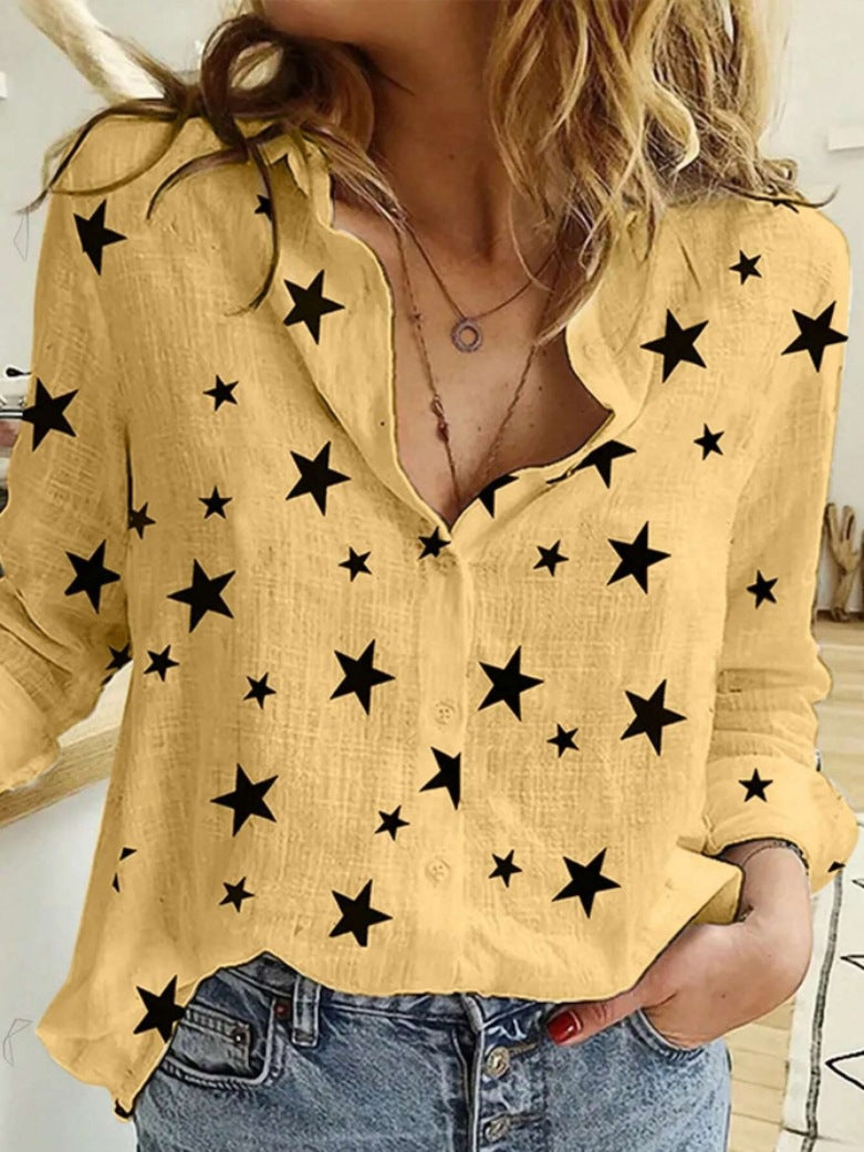 Women's Dot Print Casual Long Sleeve Linen Blouses