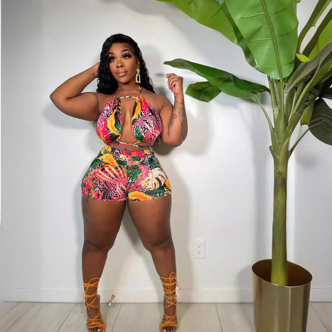 Women's Printed Sleeveless Strap Two-piece Set Fashion Casual Suit