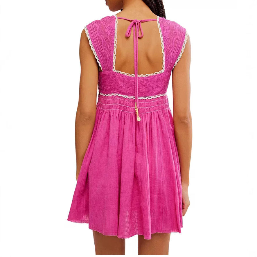 Women's Sleeveless Square Collar Pleated Backless Mini Dresses