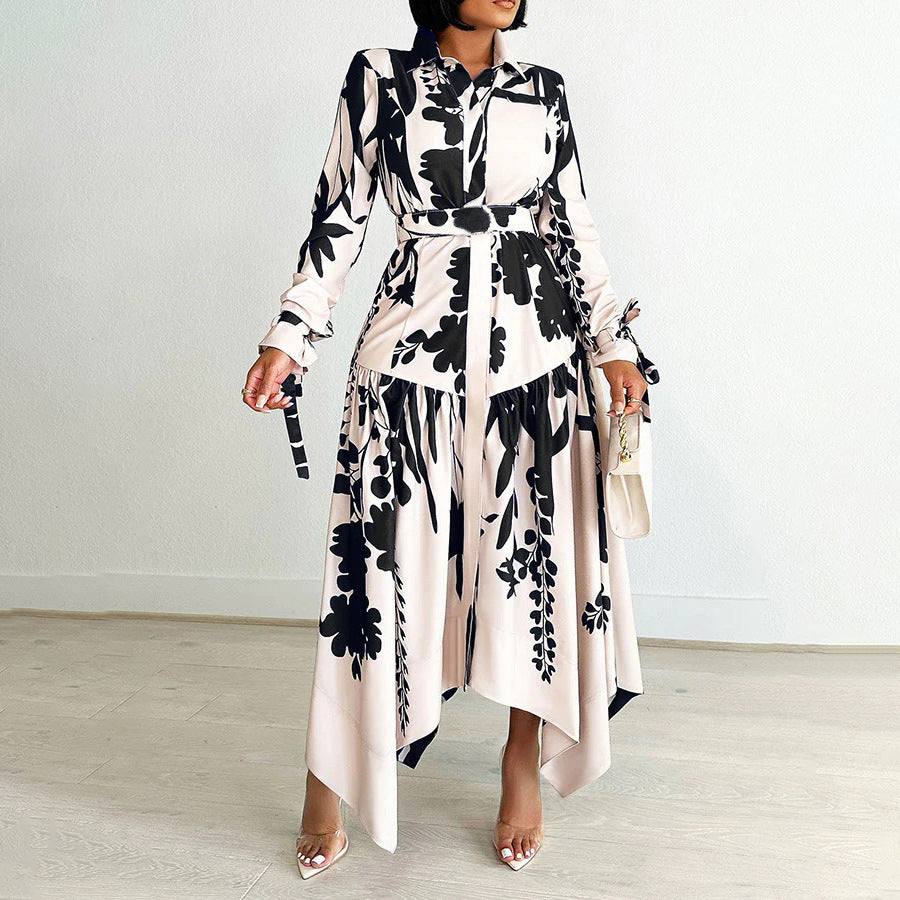 Women's Fashion Temperament Printed Lapel Long Sleeve Dress