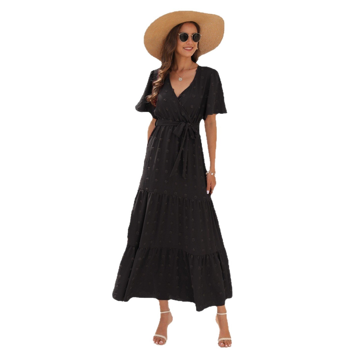 Women's High Waist Fur Ball Long Sleeve Beach Dress