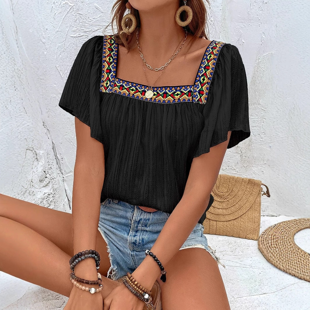Women's Fashion Summer Square Collar Embroidered Irregular Blouses