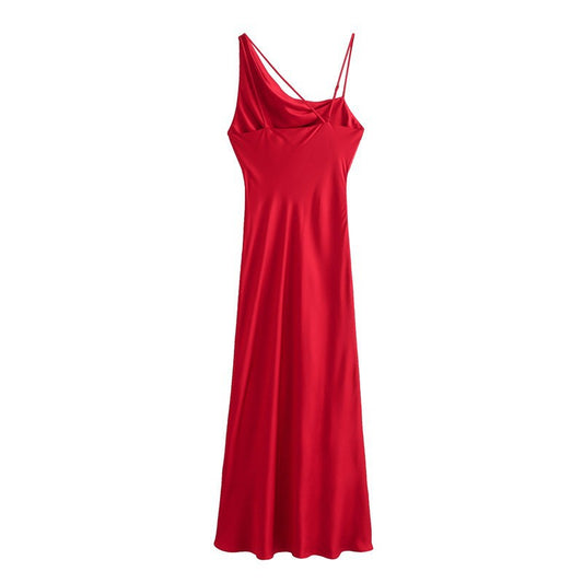 Sexy Oblique Shoulder Red Silk Satin Texture Dresses