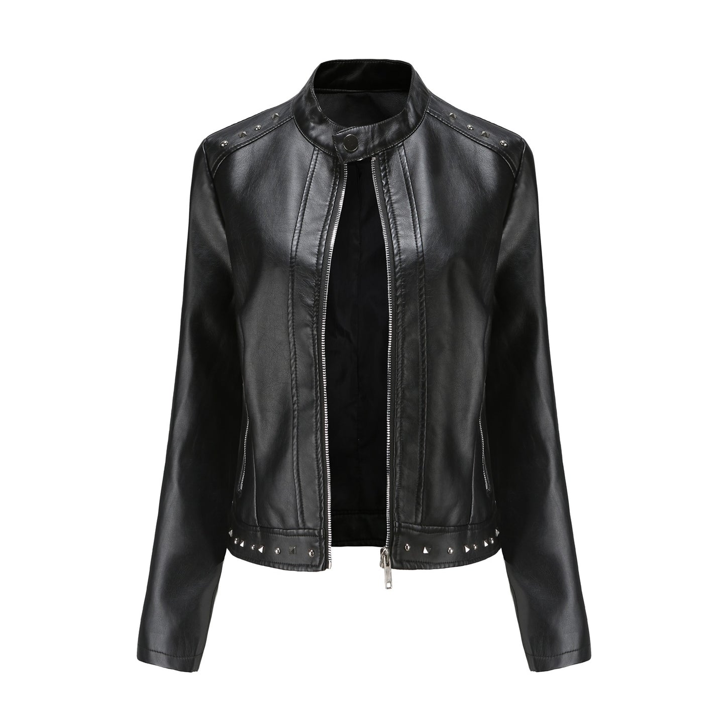 Women's Fashion Leather With Stand Collar Solid Jackets