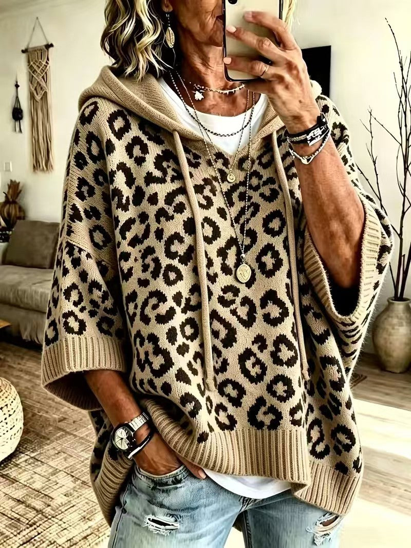 Leopard Print Hooded Drawstring Knitted Pullover Hoodie Sweater