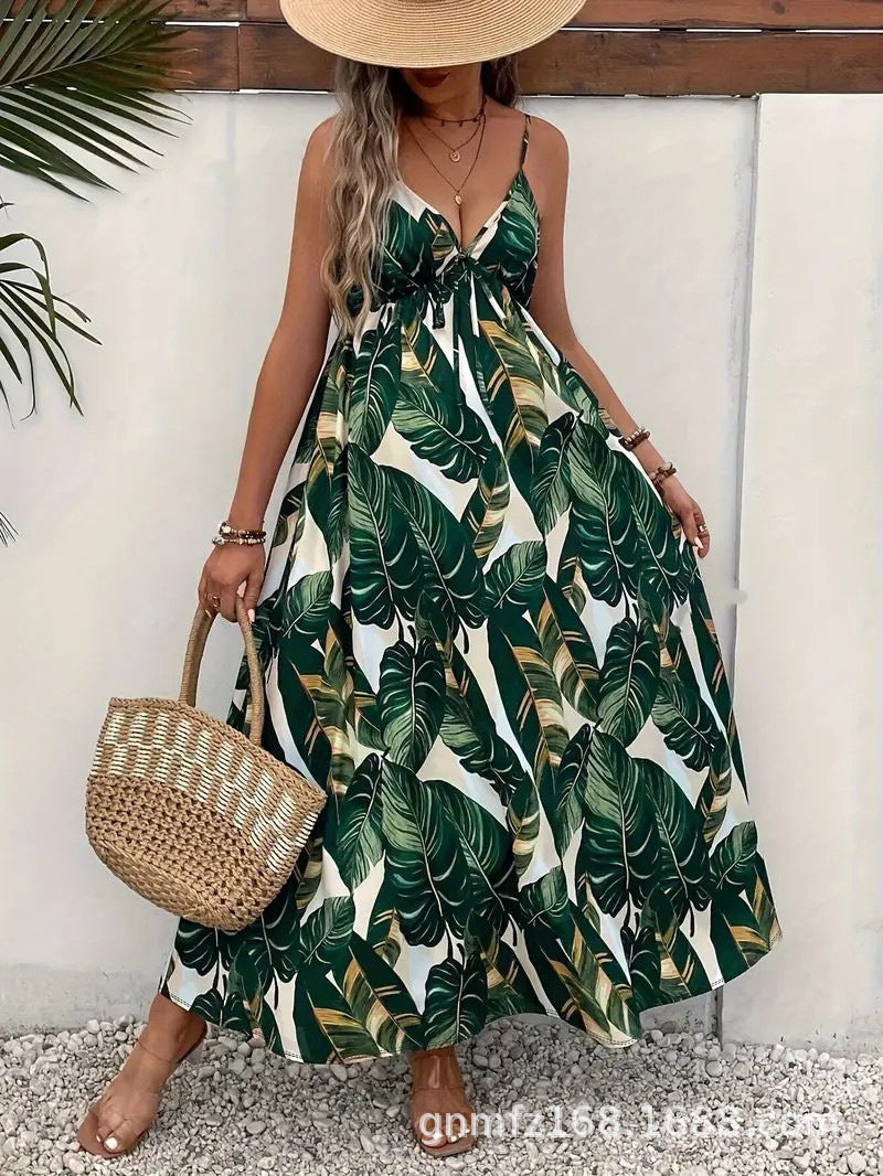 Summer Printed Spaghetti Straps Sleeveless Tropical Printing Dress