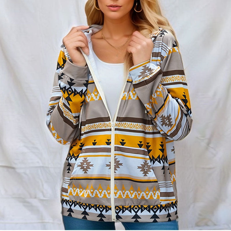 Pattern Printed Long Sleeve Loose Hooded Pocket Jackets