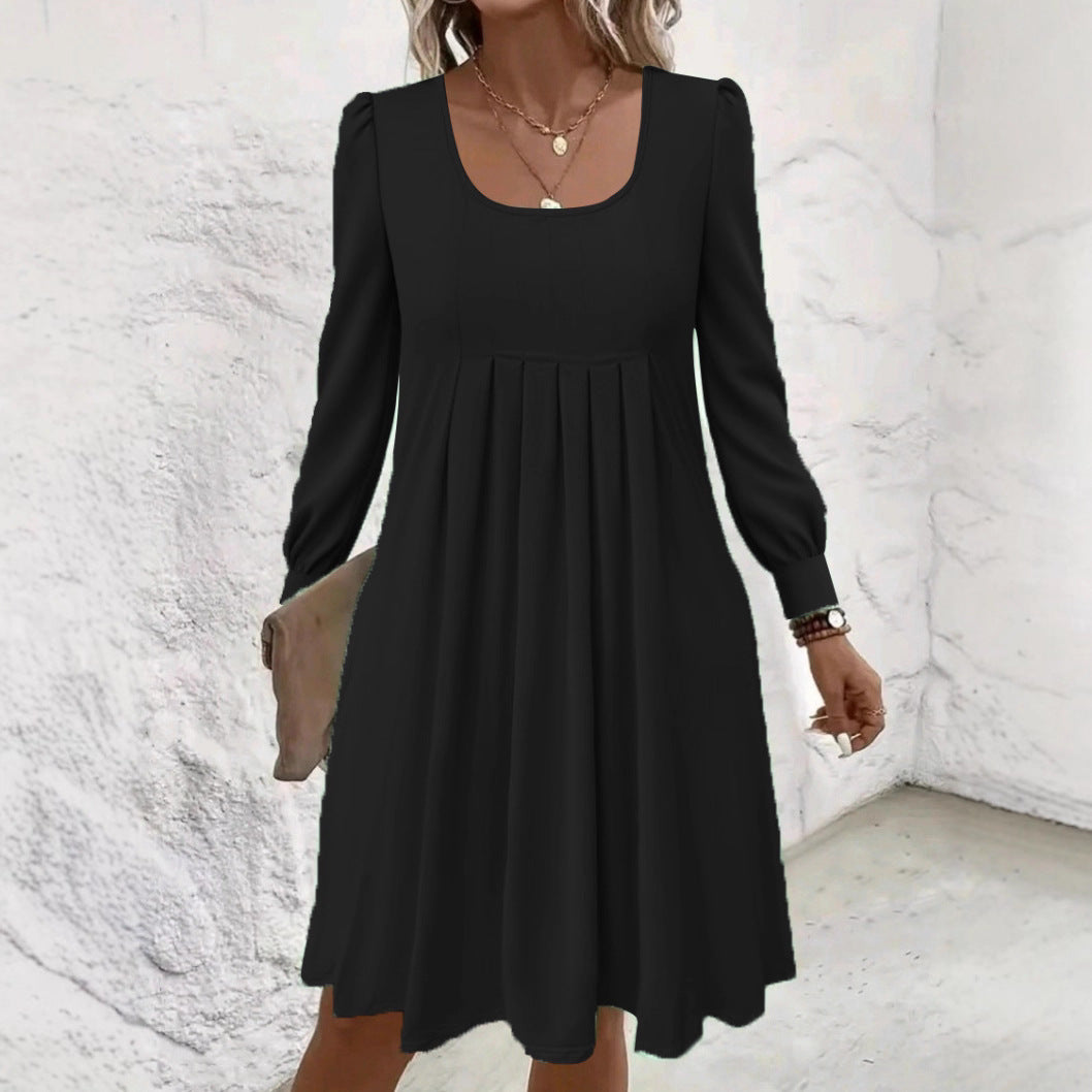 Popular Long Sleeve Fashionable Pleated Mid-length Dress