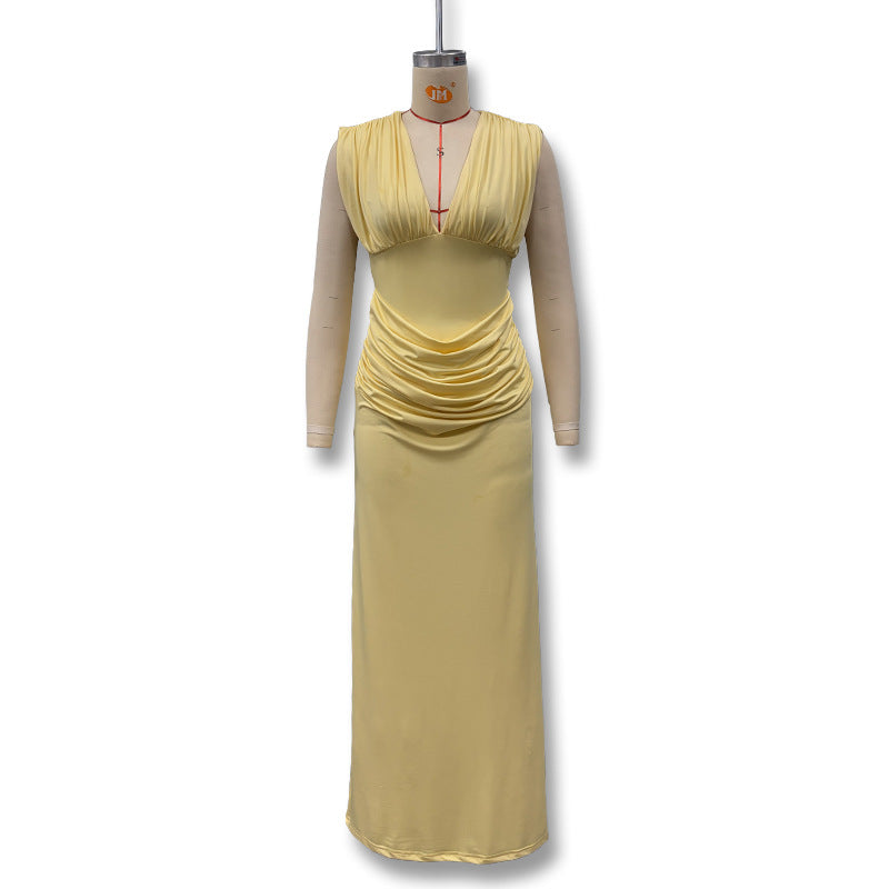 Women's Sexy Deep Sleeveless Slim Fit Pleated Waist Tight Hot Sheath Dress