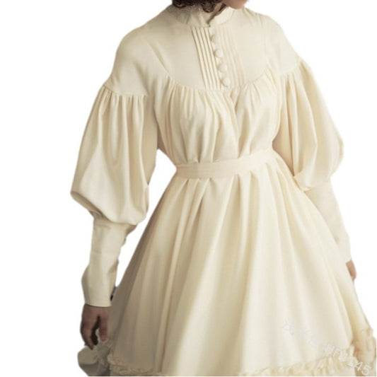 Cloth Loose Button Stand-up Collar Lace Lantern Sleeve Dresses