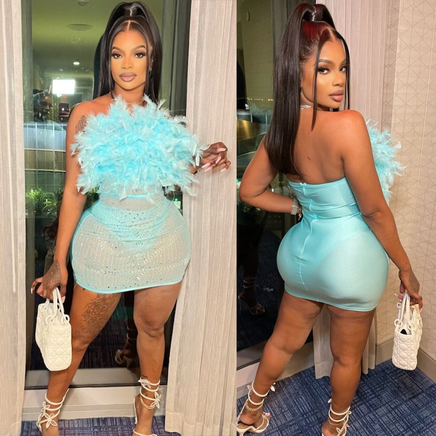 Women's Summer Sexy Feather Mesh Hot Drilling Dresses