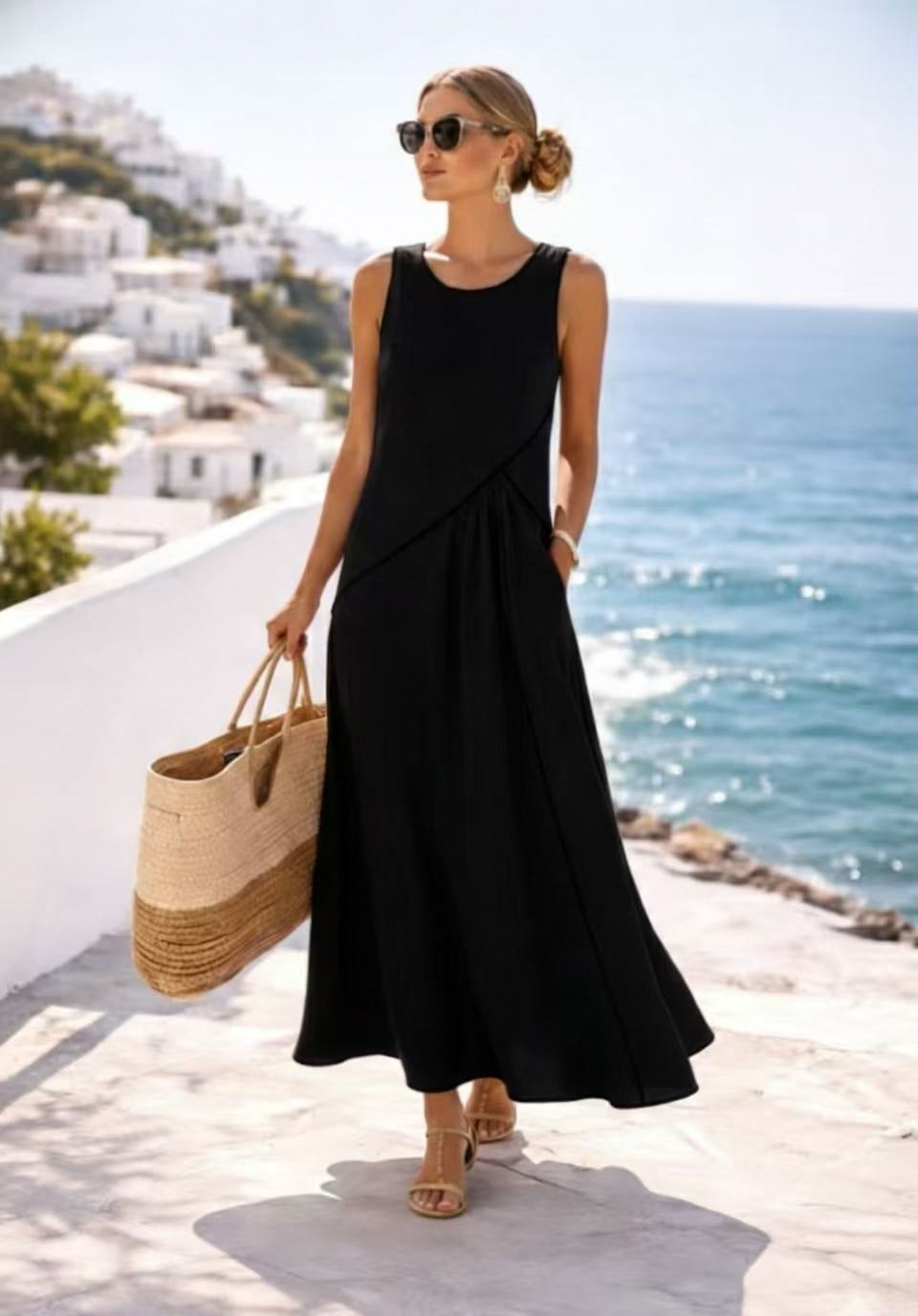 Women's Summer Mediterranean Vacation Style Contrast Color Binding Dress