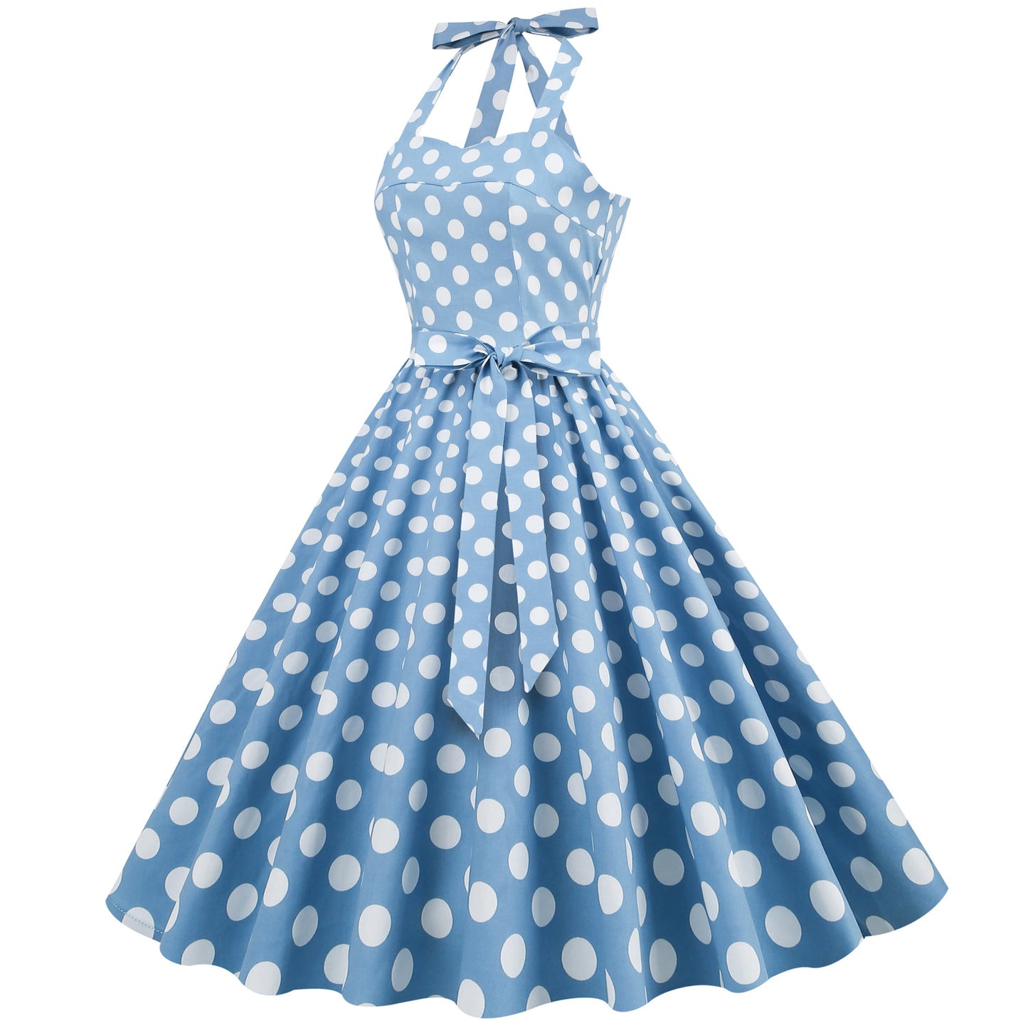 Hepburn Style Retro Dots Backless Halter Swing Puffy Dress Dresses