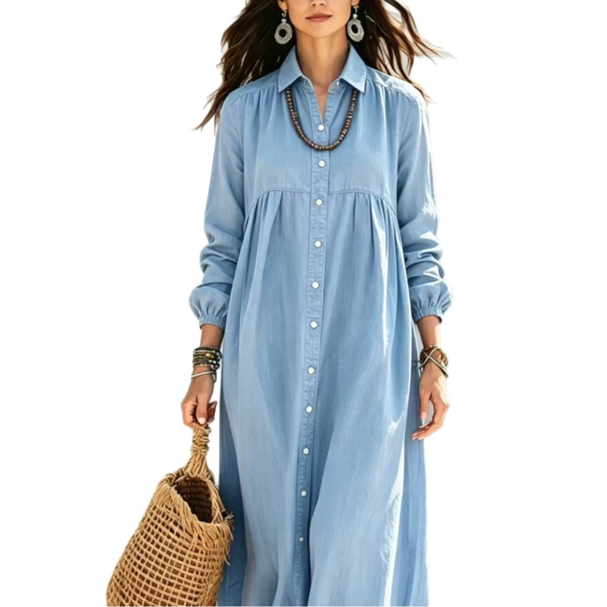 Women's Color Shirt Loose Button Lapel Casual Long Dress