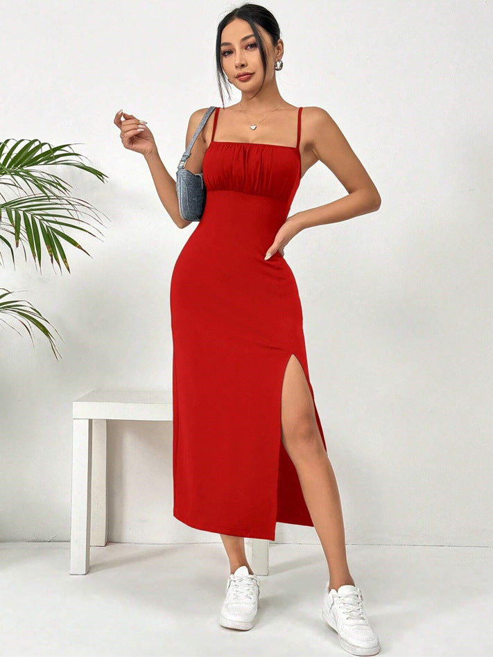 Women's Leopard Print Suspender Sexy Slim Hip High Slit Dress