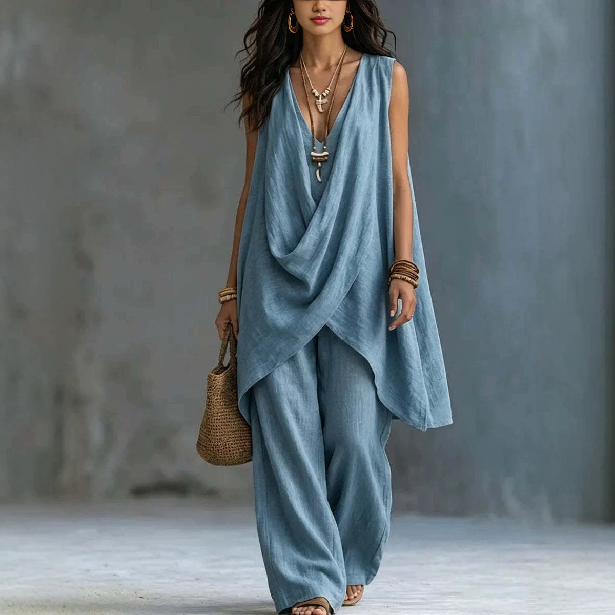 Women's Sleeveless Cross Loose Wide Leg Two-piece Fashion Casual Suit