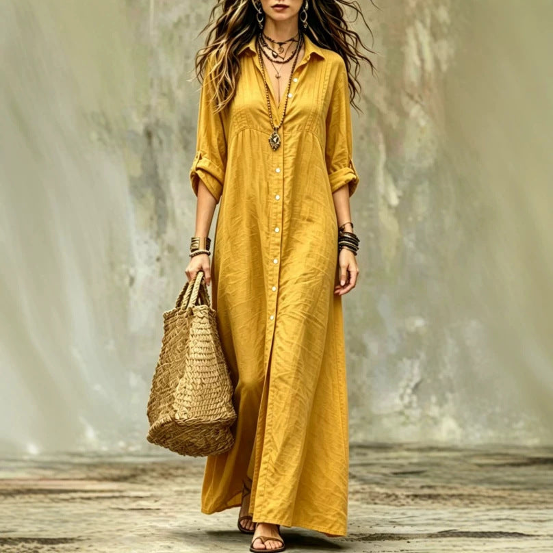 Comfortable Shirt Collar Floor Casual Simple Dress