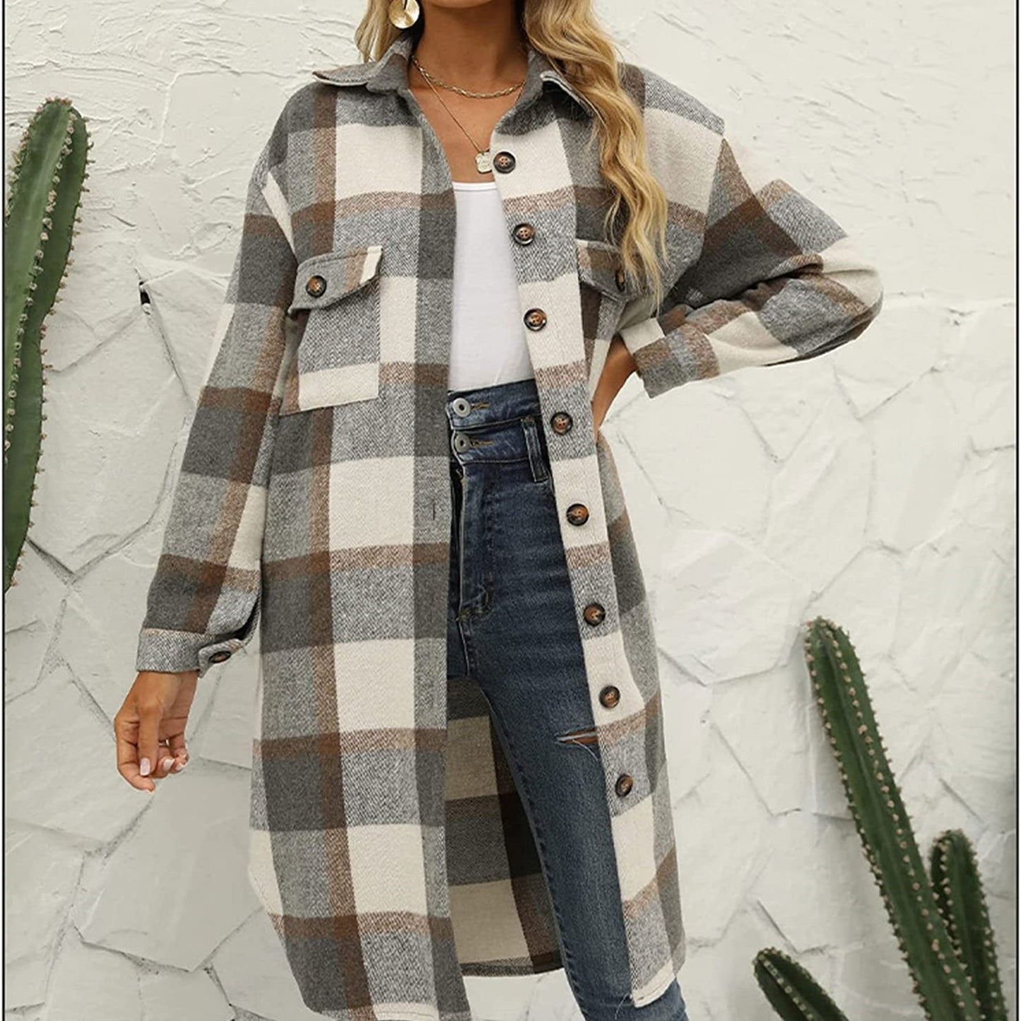 Women's Long Flannel Plaid Lapel Button Woolen Coats