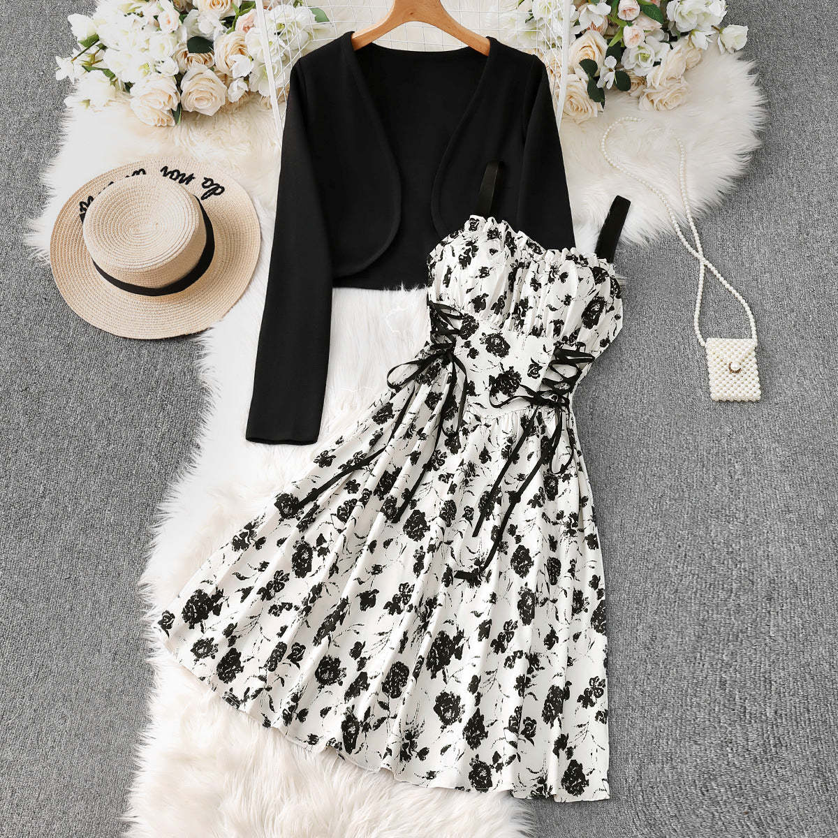 Women's Metal Ring Drawstring Elegant Printed Dress Two-piece Cardigans