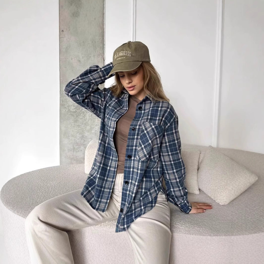 Women's Shirt Fashionable Plaid Mid-length Casual Temperament Coats